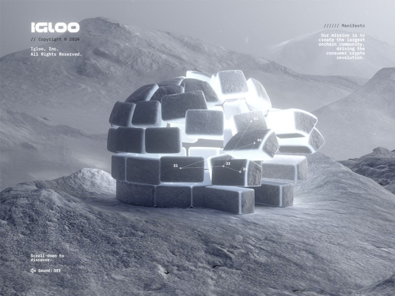 Screenshot der Three.js-Webseite von Igloo Inc. die visuell sehr eindrücklich ist.