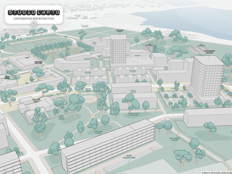 Screenshot der Three.js-Webseite von Studio Carto, die einen interaktiven 3D-Lageplan beinhaltet.